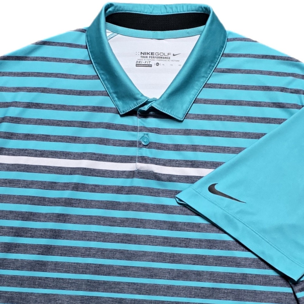 Nike Polo Shirt Mens XL Stretch Golf Dri-Fit Tour Performance Teal Gray Stripe‎